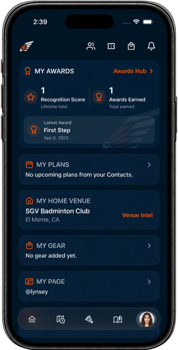 OUTRALLY App My Hub: your badminton record, plans, home venue and profile