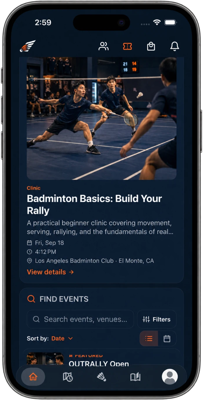 OUTRALLY App Events screen: a featured clinic and the event finder